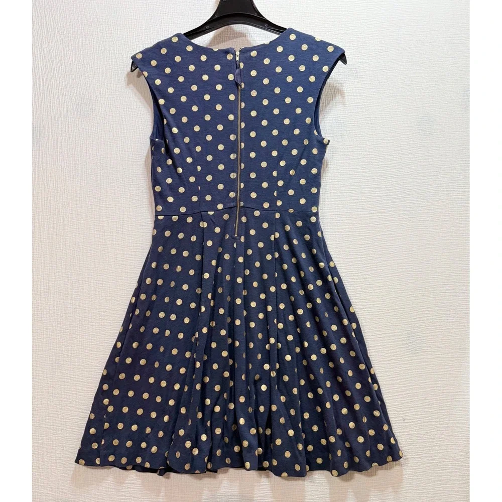Maeve Polka Dot Dress Womens Medium Navy Gold Sleeveless Pockets Fit Flare Retro - Picture 2 of 11